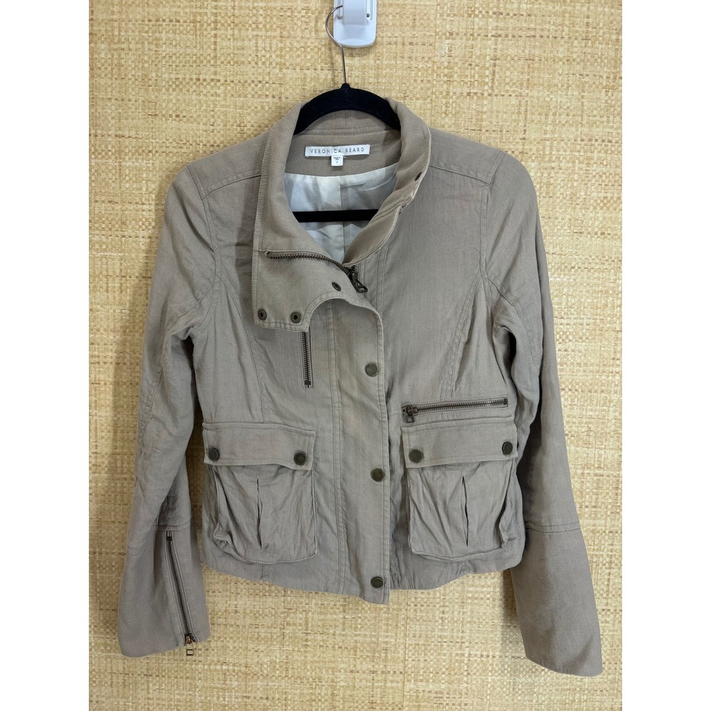 Veronica Beard Linen Blend Utility Peplum Jacket Womens Size 2 Beige Tan